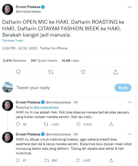 Unggahan Ernest Prakasa [Twitter/@ernestprakasa]