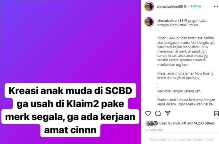 Ahmad Sahroni kritisi Baim Wong soal Citayam Fashion Week. (Instagram/@ahmadsahroni88)