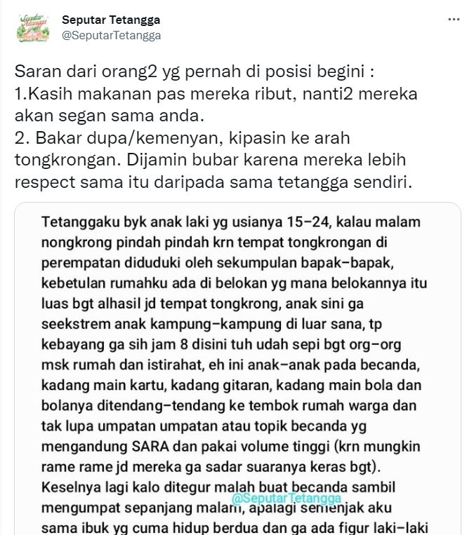 Curhatan anonim terganggu dengan perilaku tetangga-tetangganya yang suka nongkrong (Twitter/ SeputarTetangga)