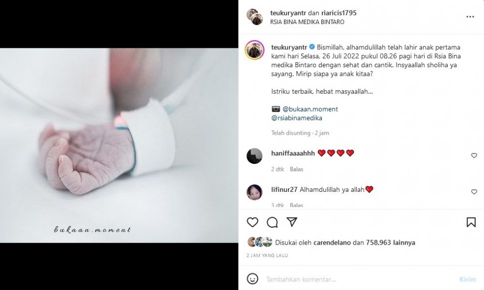 Ria Ricis dan Teuku Ryan mengabarkan kelahiran anak pertama, Selasa (26/7/2022). [Instagram]