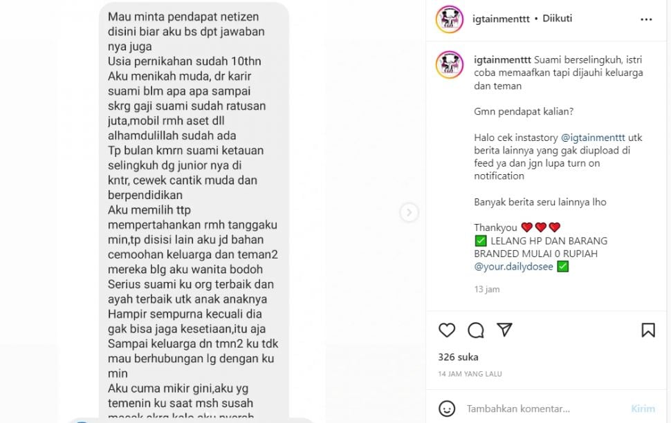 Cerita istri yang mengetahui perselingkuhan suami, tapi tetap memilih mempertahankan rumah tangganya (Instagram/ igtainmenttt)