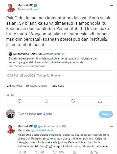 Cuitan Said Didu dibalas Mahfud MD (Twitter/mohmahfudmd)