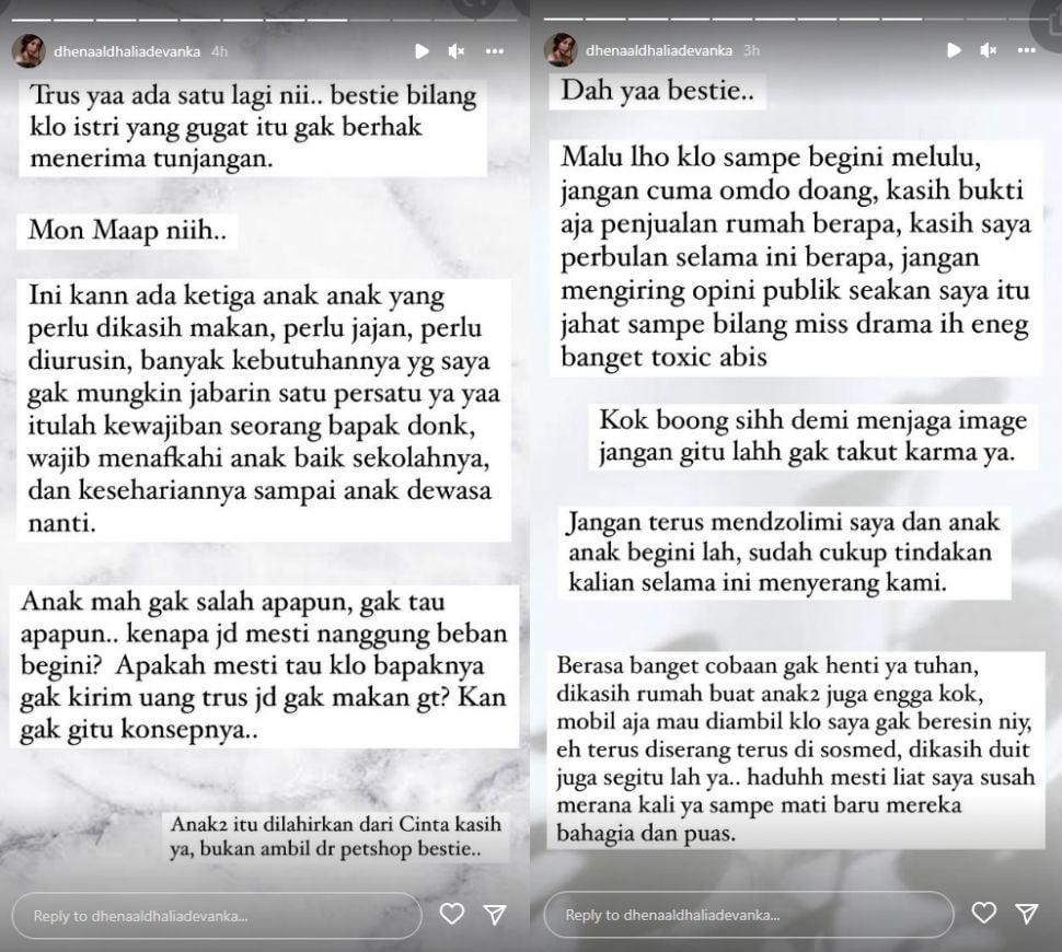 Curhat Dhena Devanka soal Jonathan Frizzy. Dhena tak terima disebut matre oleh mantan suaminya tersebut. [Instagram]