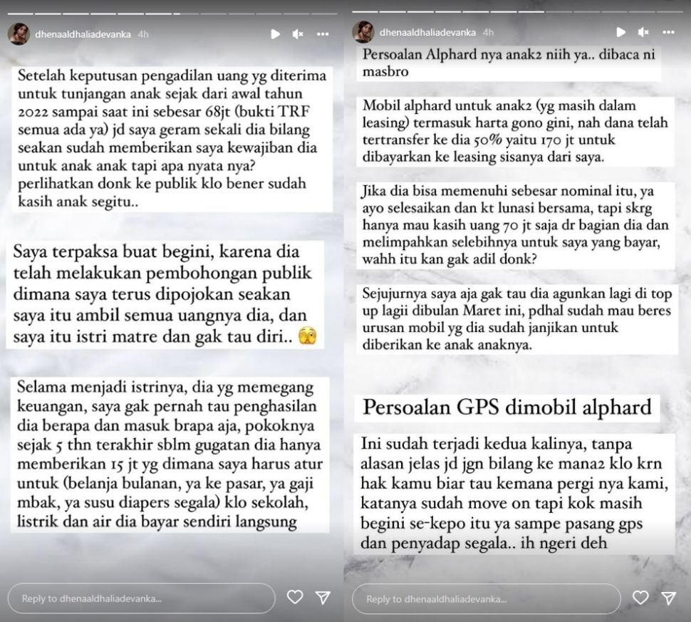 Curhat Dhena Devanka soal Jonathan Frizzy. Dhena tak terima disebut matre oleh mantan suaminya tersebut. [Instagram]