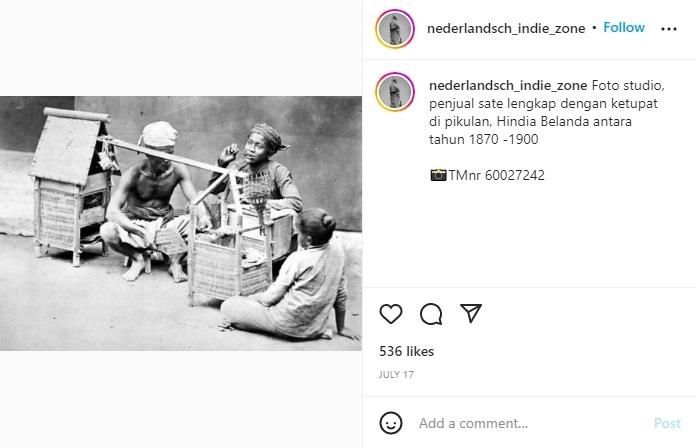 Foto jadul penjual sate keliling tahun 1870. (instagram/nederlandsch_indie_zone)