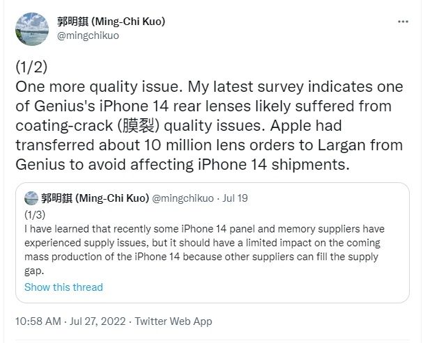 Cuitan Ming-Chi Kuo soal bocoran iPhone 14. [Twitter]