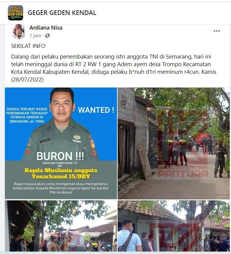 Unggahan warganet di media sosial Facebook, Kopda M dikabarkan meninggal dunia di Kabupaten Kendal. 