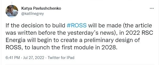 Cuitan rencana pembangunan Stasiun Layanan Orbital Rusia (ROSS). [Twitter]