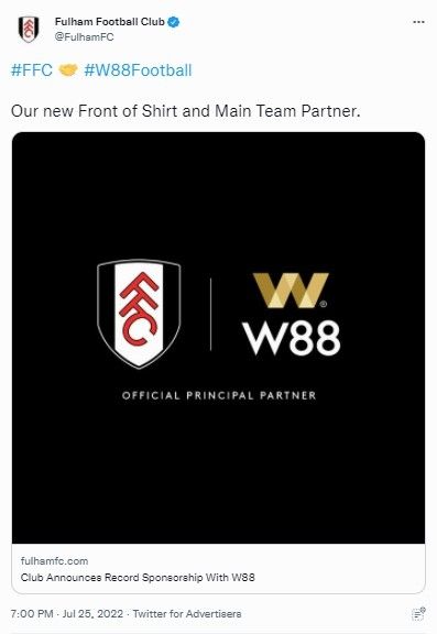 Fulham FC umumkan W88 menjadi sponsor utama. (Dok: Fulham FC)