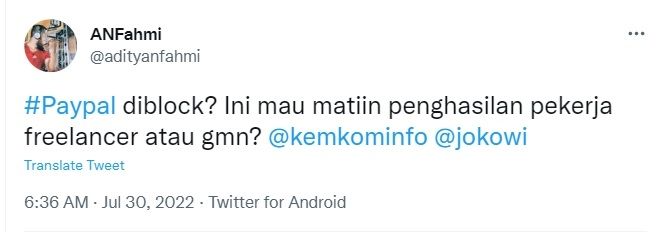 Cuitan warganet, pemblokiran PayPal. [Twitter]