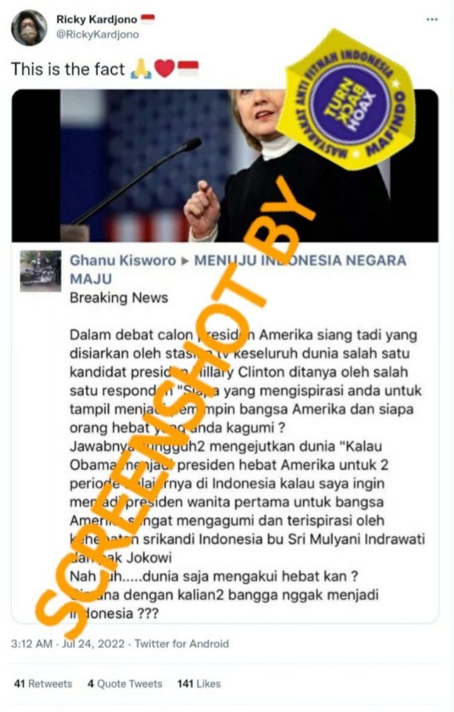 Unggahan yang mengklaim Hillary Clinton terinspirasi dari Jokowi dan Sri Mulyani. (Turnbackhoax.id)