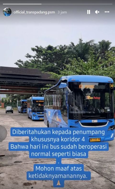 Bus Trans Padang khususnya koridor 4 kembali beroperasi normal (Instagram/ official_transpadang.psm)