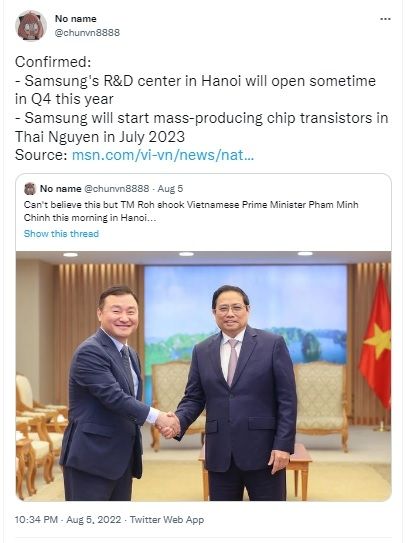 Samsung rencana mengembangkan R&D dii Hanoi, Vietnam. [Twitter]