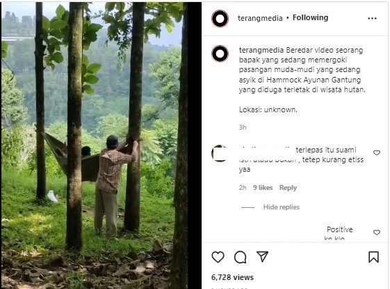 Pasangan dipergoki bapak-bapak diduga bermesraan di ayunan gantung (Instagram/terangmedia)
