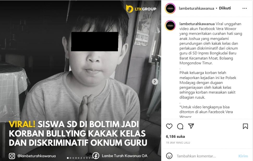 Pengakuan siswa SD dapat bullying dari kakak kelas hingga perlakuan diskriminatif dari oknum guru (Instagram/ lambeturahkawanua)