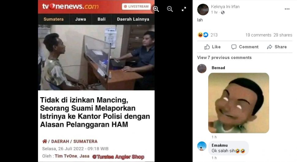 Kabar hoaks mengenai suami laporkan istrinya ke polisi gegara tidak diizinkan pergi memancing (turnbackhoax.id)