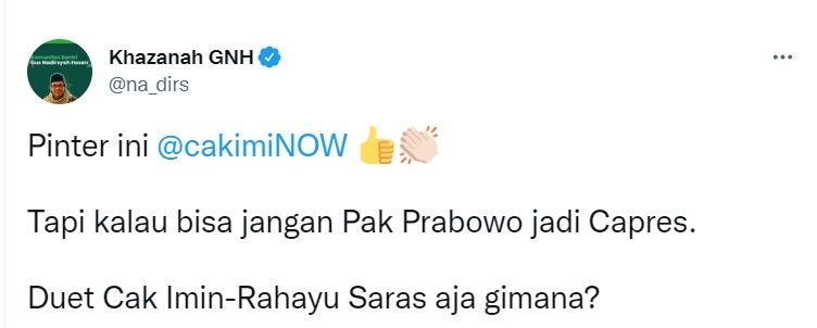 Cuitan Gus Nadir soal Cak Imin bakal jadi pasangan Prabowo Subianto. [Twitter]