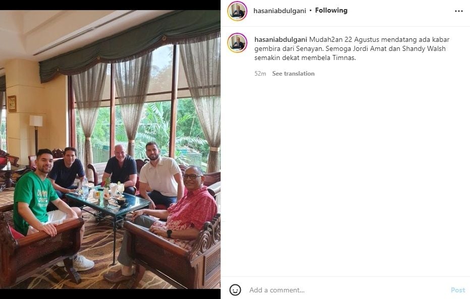 Exco PSSI, Hasani Abdulgani mengatakan naturalisasi Jordi Amat dan Sandy Walsh semakin dekat bela timnas Indonesia. (Instagram/hasaniabdulgani)