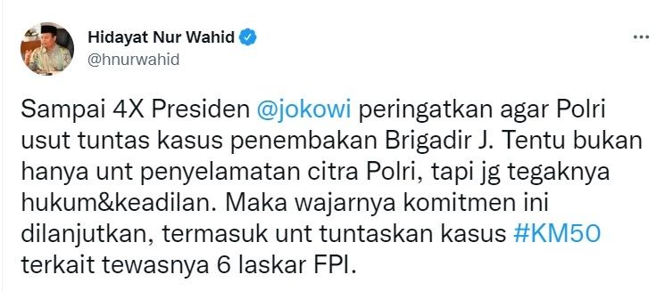 Cuitan Politisi PKS Hidayat Nur Wahid. [Twitter]