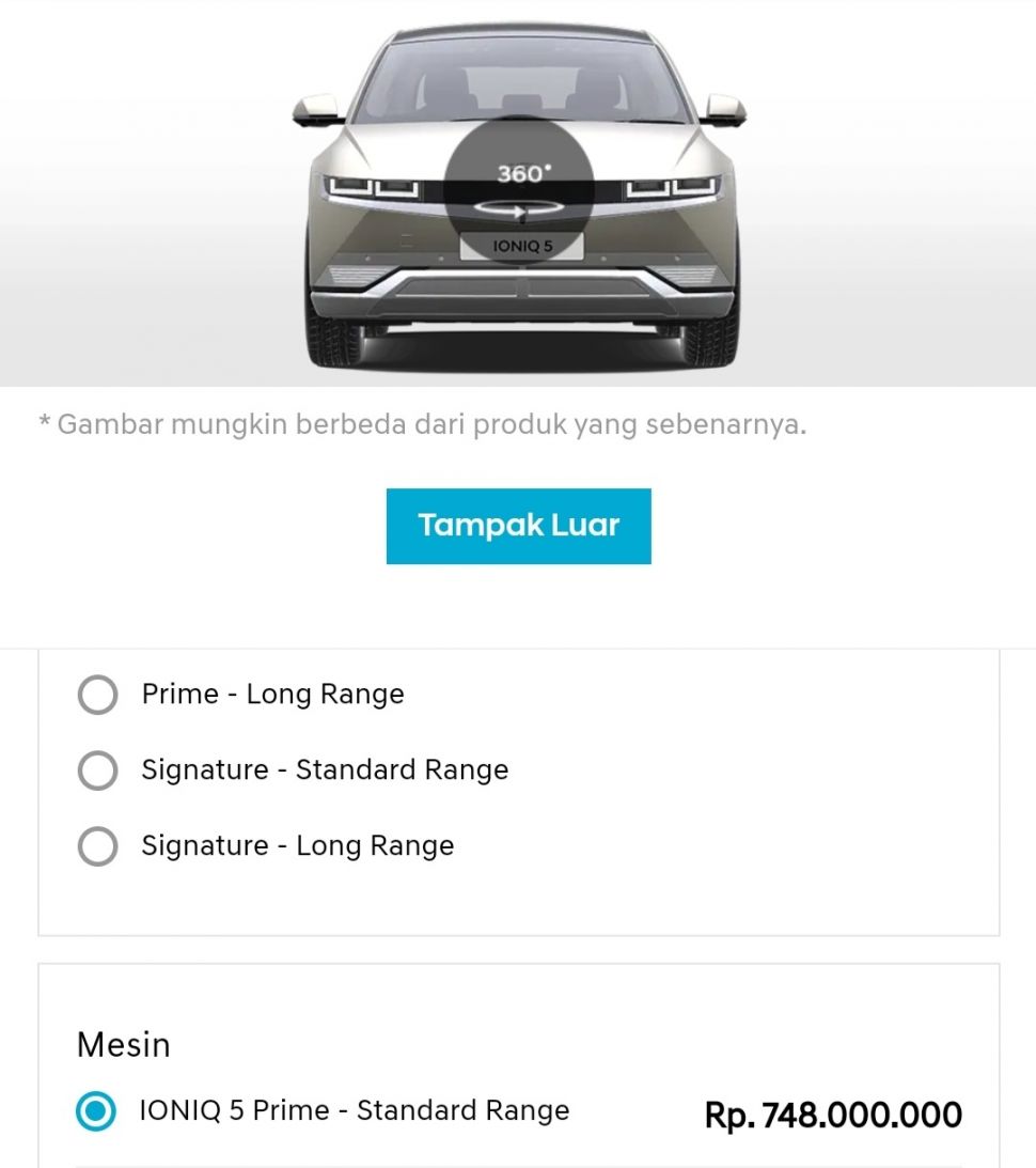 Hyundai IONIQ 5 dengan harga terkini [screenshot laman resmi Hyundai Indonesia].