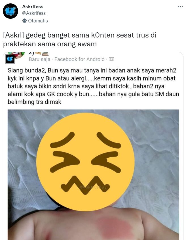 Cerita seorang ibu berikan obat racikan sendiri untuk anaknya yang sedang sakit batuk (Twitter/ Askrlfess)