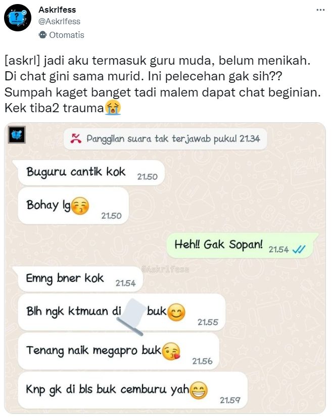 Curhatan guru muda diduga dapatkan pelecehan seksual dari salah satu muridnya (Twitter/ Askrlfess)