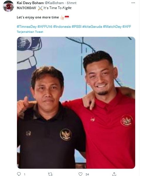 Pemain keturunan Kai Boham dukung timnas Indonesia U-16 dan Bima Sakti juara Piala AFF U-16 2022. (Twitter/@KaiBoham)