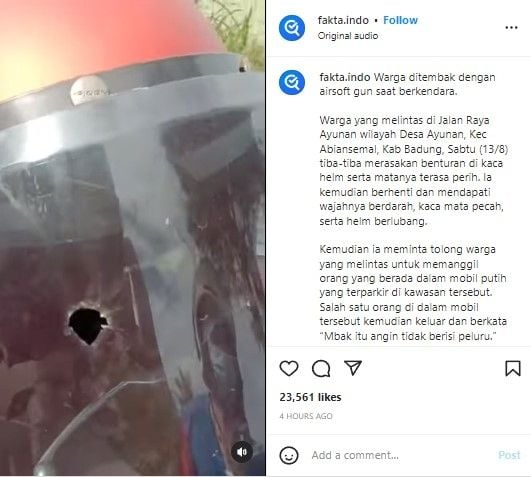 Perempuan kena tembakan airsoft gun di jalan (Instagram/fakta.indo)