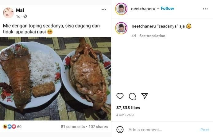 Pengguna Facebook curhat makan sederhana. (instagram/neetchaneru)