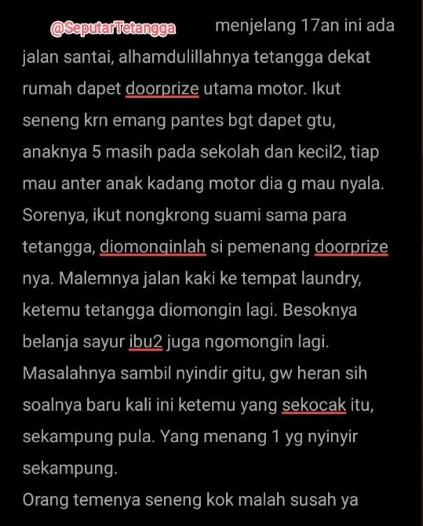 Tetangga dapat doorprize sepeda motor jadi bahan julid warga sekampung (Instagram/ SeputarTetangga)