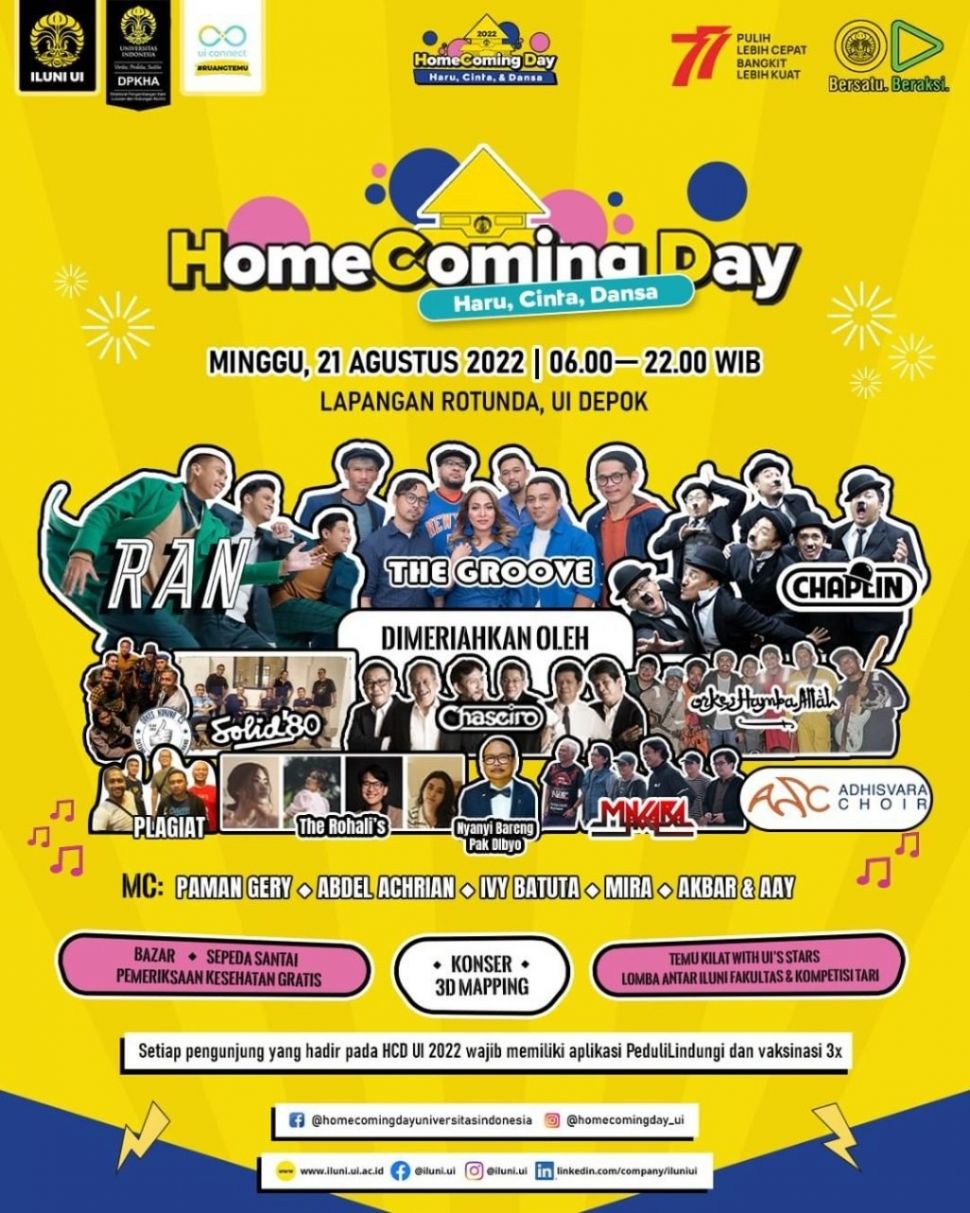 Home Coming Day akan berlangsung di Lapangan Rotunda UI Depok, Minggu 21 Agustus 2022.