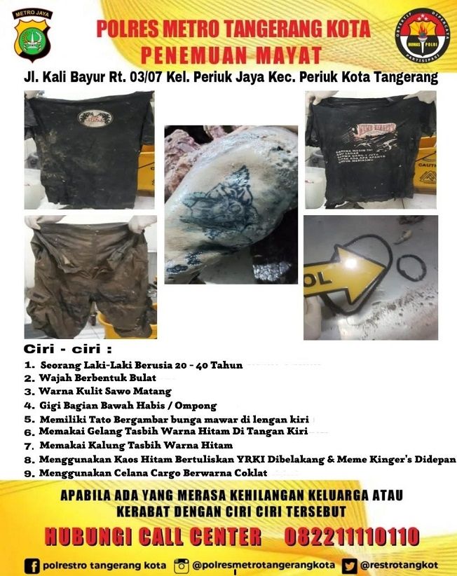 Ciri-ciri mayat dalam box kontainer yang ditemukan di Kali Cadas, Periuk, Kota Tangerang. [Dok. Polres Metro Tangerang Kota]