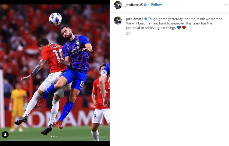 Postingan Jordi Amat usai JDT kalah telak 0-5 dalam laga debutnya. (Instagram/jordiamat5)