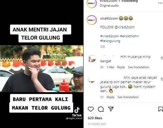 Anak Erick Tohir pertama kali makan telur gulung (Instagram/viral62)