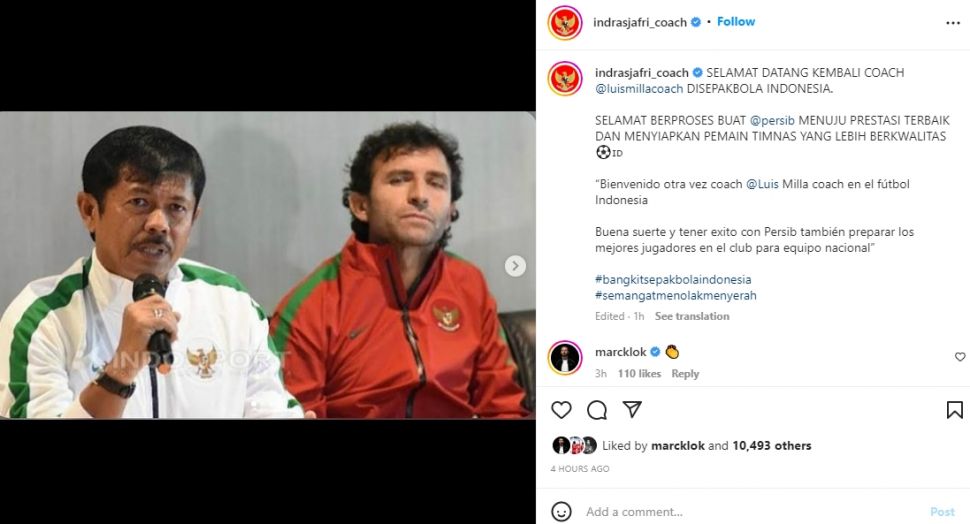Indra Sjafri memberikan sambutan terhadap Luis Milla yang tangani Persib Bandung. (Instagram/indrasjafri_coach)