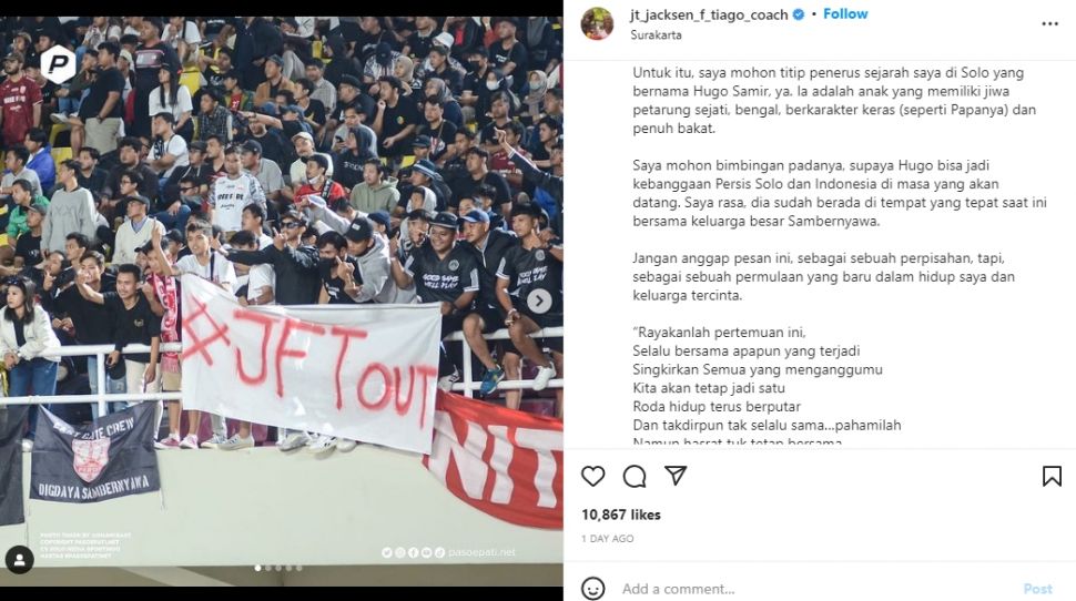Jacksen F Tiago tulis perpisahan dengan Persis Solo. (Instagram/jt_jacksen_f_tiago_coach)