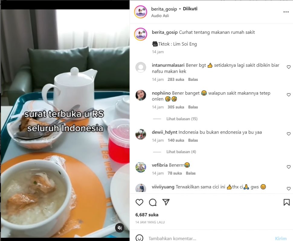 Curhatan seorang wanita mengenai rasa makanan di rumah sakit yang tidak enak (Instagram/ berita_gosip)