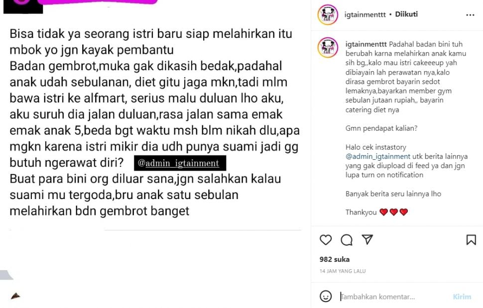 Curhat suami malu ajak istri pergi karena badan istrinya gemuk (Instagram/ igtainmenttt)