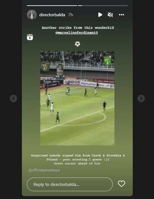 Eks petinggi FK Senica, David Balda takjub dengan gol spektakuler Marselino Ferdinan. (Instagram/directorbalda)