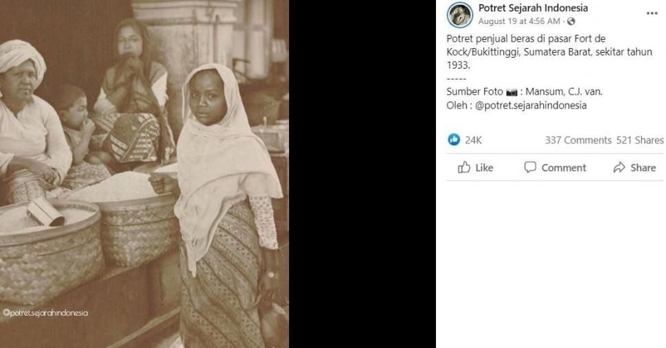 Foto penjual beras pada salah satu pasar di Bukittinggi tahun 1930-an. (Leiden University Libraries via Facebook/ Potret Sejarah Indonesia)