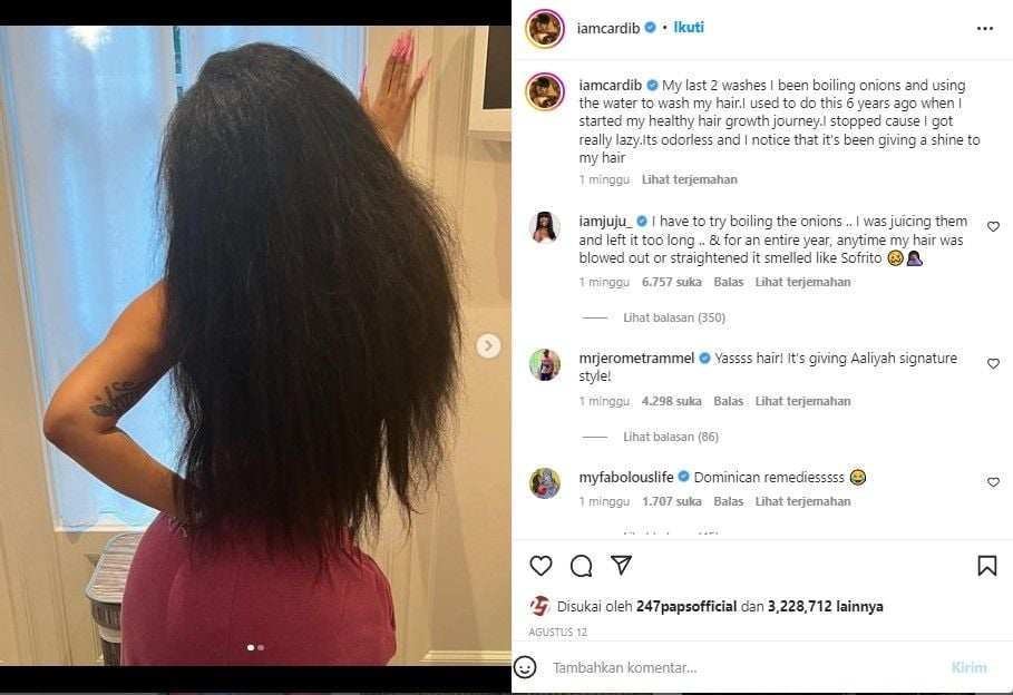 cardi B menggunakan air rebusan bawang merah untuk mencuci rambut (Instagram)