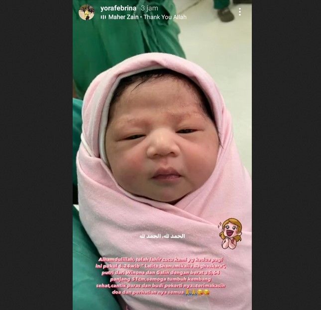 Adik Nikita Willy, Wino Willy melahirkan anak perempuan. [Instagram]