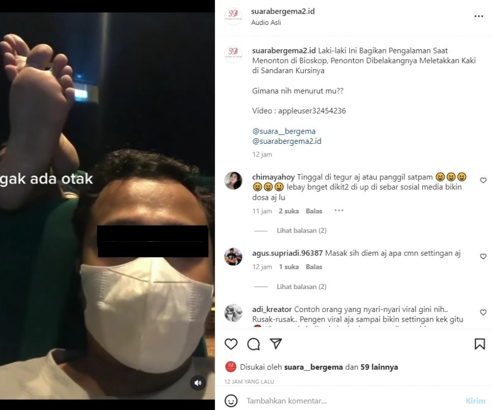 Aksi tak sopan penonton film di bioskop yang berselonjor di sandaran kursi penonton lain (Instagram/ suarabergema2.id)