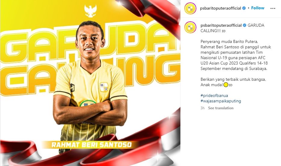 Striker muda Barito Putera, Rahmat Beri Santoso jadi pemain baru yang dipanggil Shin Tae-yong ke TC timnas Indonesia Uu-19. (Instagram/psbaritoputeraofficial)