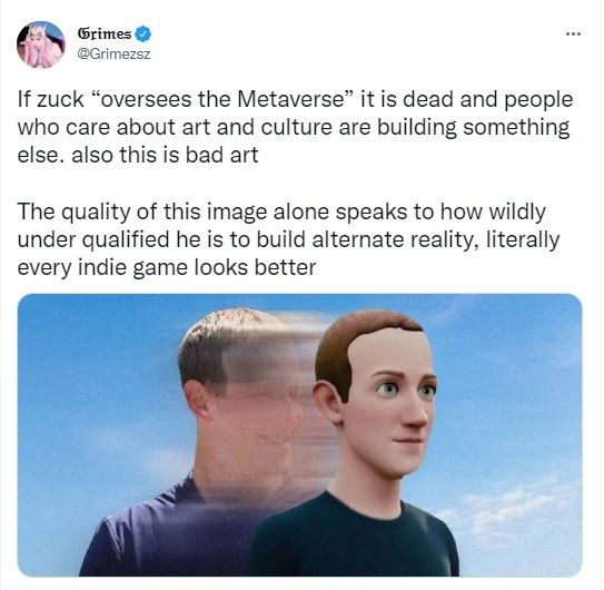 Cuitan Grimes soal kepemimpinan Mark Zuckerber di Metaverse. [Twitter]