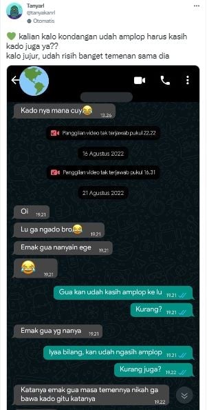 Curhat ditagih teman yang minta kado pernikahan berisi barang (Twitter/ tanyakanrl)