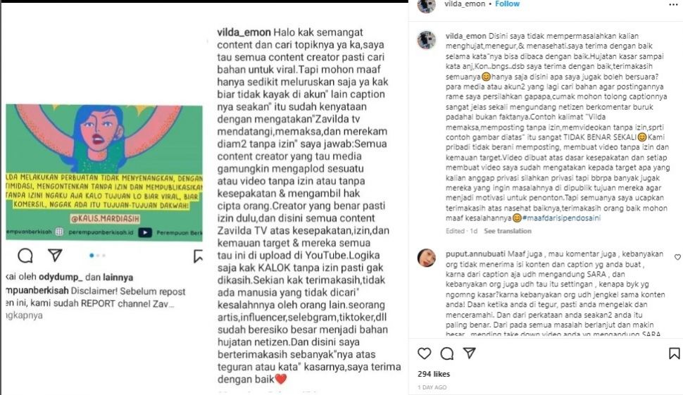 Klarifikasi Zafilda TV (instagram.com/vilda_emon/)