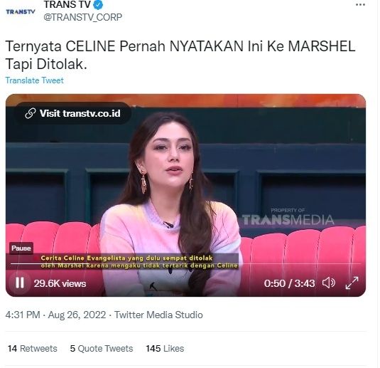 Unggahan soal Celine Evangelista [Twitter/@TRANSTV_CORP]