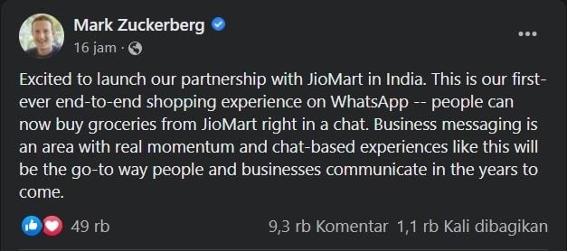 Postingan Mark Zuckerberg, fitur baru WhatsApp. [Facebook]