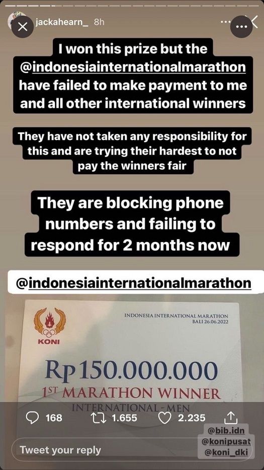 Pelari asing asal Australia, Jack Ahearn mengaku belum mendapat bayaran hadiah setelah memenangkan ajang Indonesia International Marathon 2022 di Bali yang berlangsung pada Juli lalu. [Instagram/@jackahearn_]